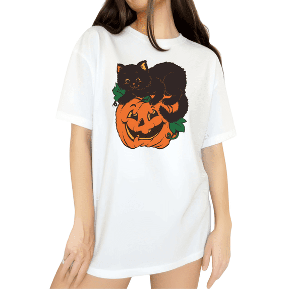 Cozymy Cute Halloween Cat Pumpkin Graphic Tee Women's Short Sleeve T-Shirt