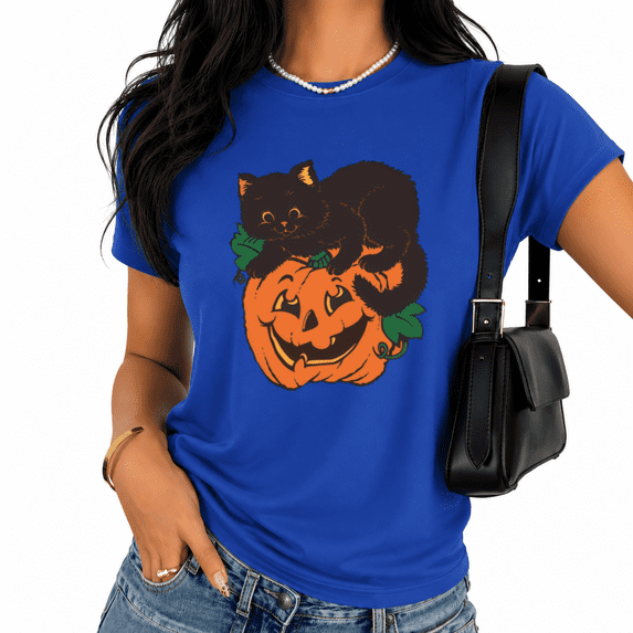 Cozymy Cute Halloween Cat Pumpkin Graphic Tee Women's Short Sleeve T-Shirt