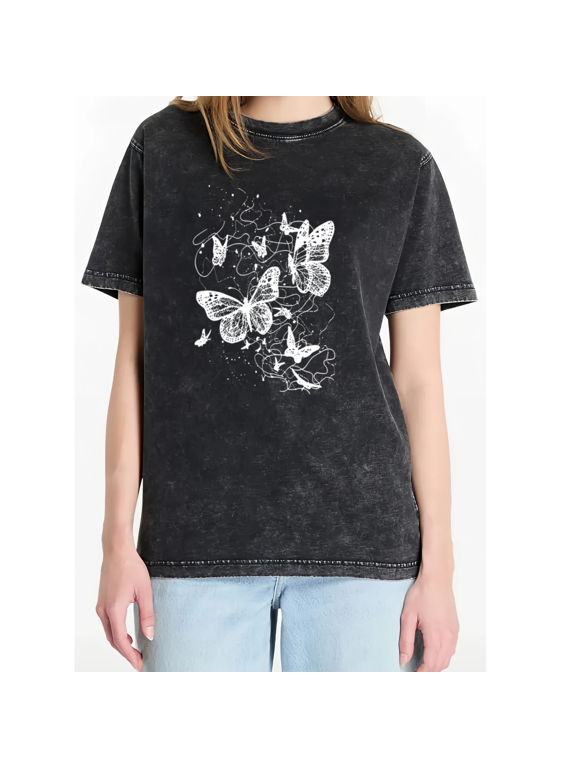 Delicate Butterfly Sketch Design Washed Short Sleeve Crew Neck T-Shirt