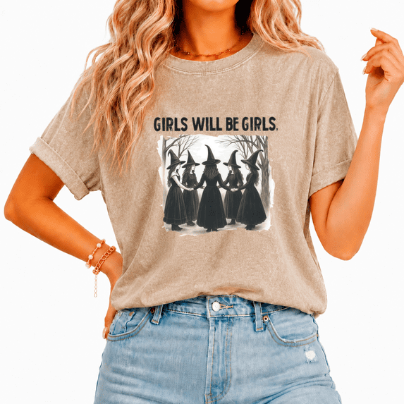 Cozymy GIRLS WILL BE GIRLS Witch Gathering Graphic T-Shirt Vintage Washed Casual Tee Top