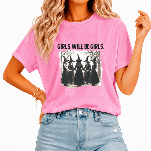 Cozymy GIRLS WILL BE GIRLS Witch Gathering Graphic T-Shirt Vintage Washed Casual Tee Top