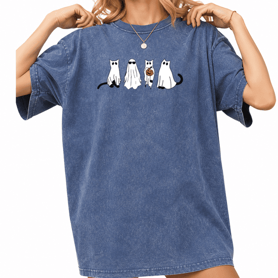 Cozymy Ghost Cat Halloween Vintage Washed Graphic Tee