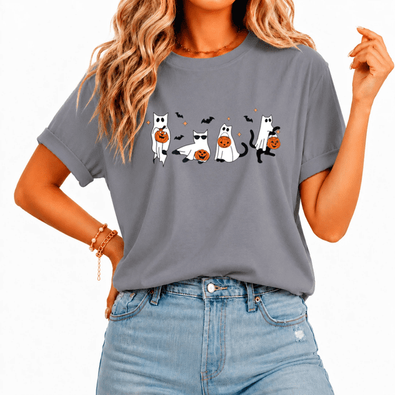 Cozymy Ghost Pumpkin Party Halloween Hand Drawn Print T-Shirt for Women Crew Neck Short Sleeve