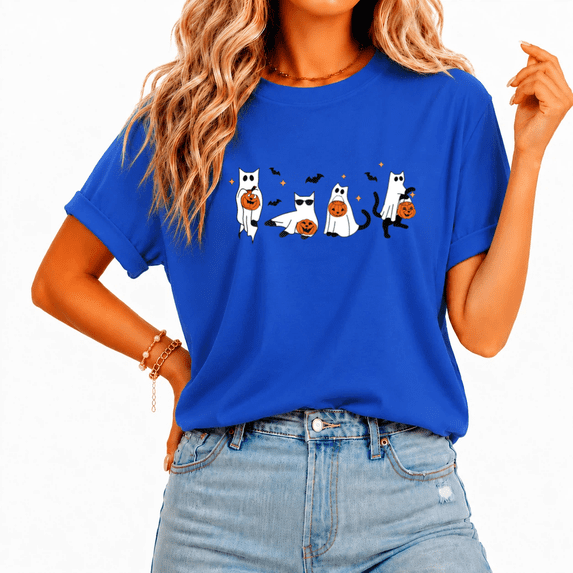 Cozymy Ghost Pumpkin Party Halloween Hand Drawn Print T-Shirt for Women Crew Neck Short Sleeve