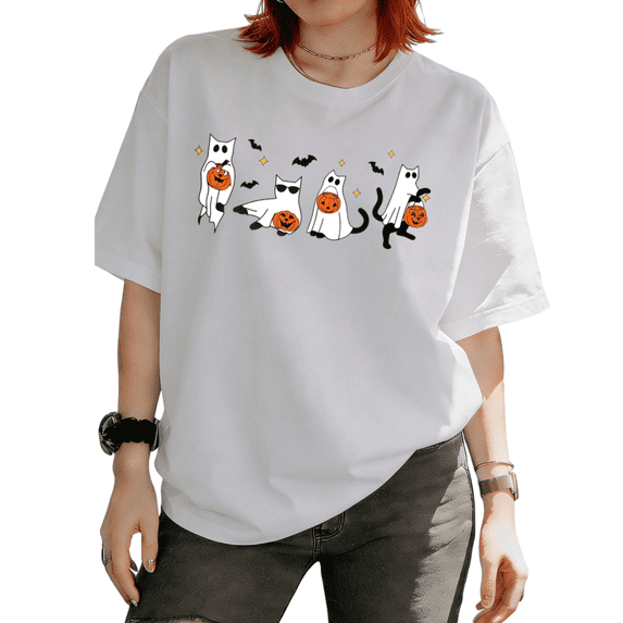 Cozymy Ghost Pumpkin Party Halloween Hand Drawn Print T-Shirt for Women Crew Neck Short Sleeve