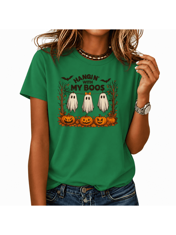 HANGIN' WITH MY BOOS Halloween Graphic Tee Women's Short Sleeve Crew Neck Top for Seasonal Casual Outfits