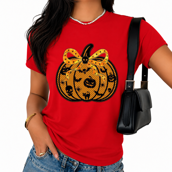 Cozymy Halloween Pumpkin Bow Graphic Tee Short Sleeve Crewneck Casual T Shirt