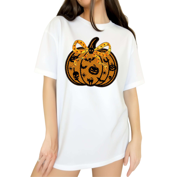 Cozymy Halloween Pumpkin Bow Graphic Tee Short Sleeve Crewneck Casual T Shirt