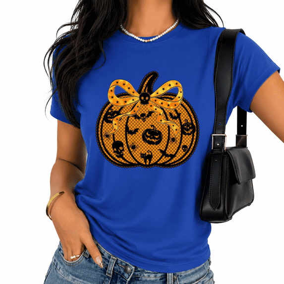 Cozymy Halloween Pumpkin Bow Graphic Tee Short Sleeve Crewneck Casual T Shirt