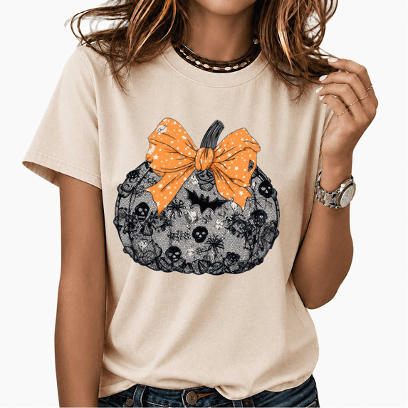 Cozymy Halloween Pumpkin Bow Skull Web Women's Washed Crewneck Print T-Shirt