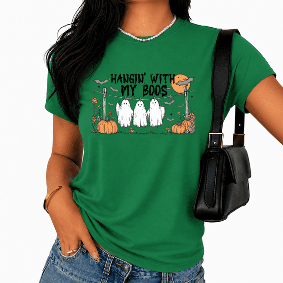 Cozymy Hangin' With My Boos Cute Ghost Halloween Graphic Tee for Women Vintage Inspired Short Sleeve Crew Neck
