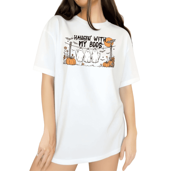 Cozymy Hangin' With My Boos Cute Ghost Halloween Graphic Tee for Women Vintage Inspired Short Sleeve Crew Neck