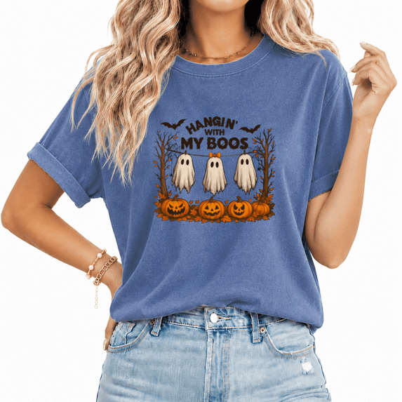 Cozymy Hangin' With My Boos Playful Halloween Ghost Scene Women's Graphic Tee Washed Crew Neck Short Sleeve Blue, XL