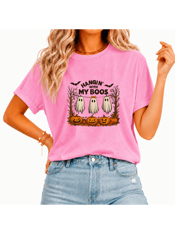 Hangin' With My Boos Playful Halloween Ghost Scene Women's Graphic Tee Washed Crew Neck Short Sleeve pink, L