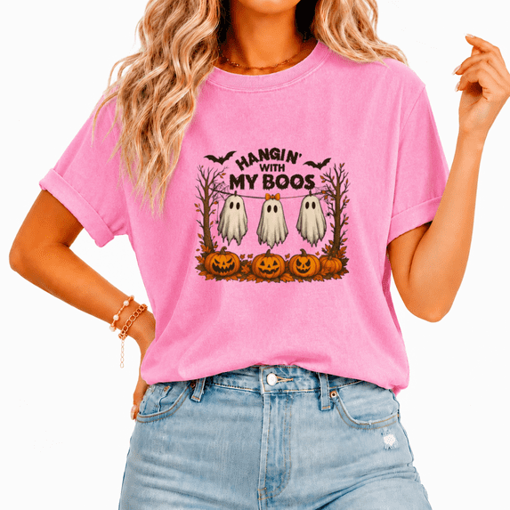 Cozymy Hangin' With My Boos Playful Halloween Ghost Scene Women's Graphic Tee Washed Crew Neck Short Sleeve pink, S