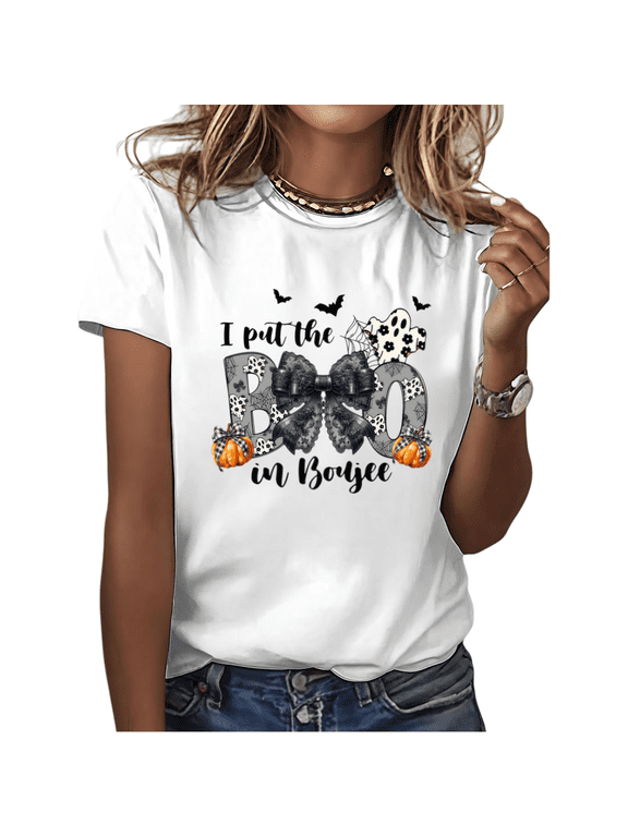 I Put the Boo in Booyee Print T-Shirt Whimsical Halloween Bat Pumpkin Short Sleeve Crew Neck Top