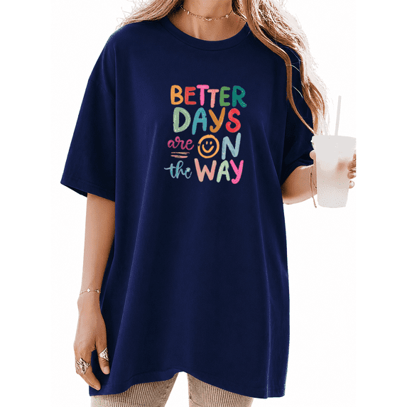 Cozymy Ladies Colorful Doodle Art T-Shirt Smiley Face Optimism Graphic Tee Round Neck Short Sleeve Fun Casual Summer Top