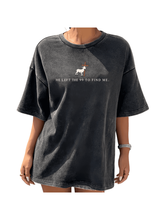 Minimal Front Small Lamb Cross Lost Sheep Bible Verse Women Vintage Washed T-Shirt Short Sleeve Loose Tops