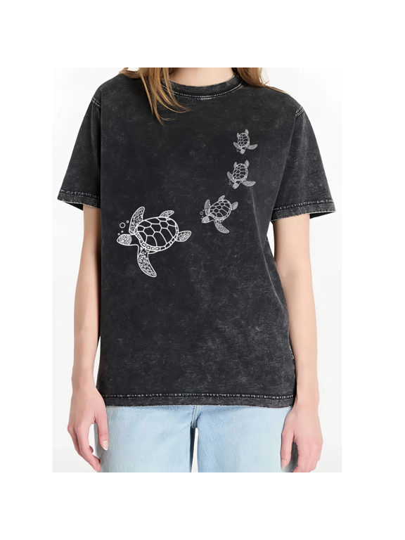Ocean Themed Sea Turtle Family Washed Short Sleeve Crew Neck T-Shirt