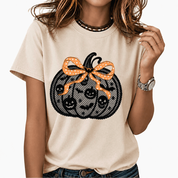 Cozymy Pumpkin Bow Halloween Women's Washed Crewneck Short Sleeve Graphic Tee