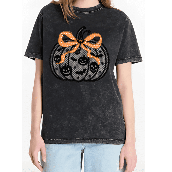 Cozymy Pumpkin Bow Halloween Women's Washed Crewneck Short Sleeve Graphic Tee