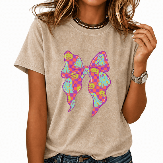 Cozymy Pumpkin Ghost Bow Washed Print T-Shirt Colorful Holiday Short Sleeve Crewneck Top for Casual Fall Wear