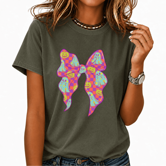 Cozymy Pumpkin Ghost Bow Washed Print T-Shirt Colorful Holiday Short Sleeve Crewneck Top for Casual Fall Wear