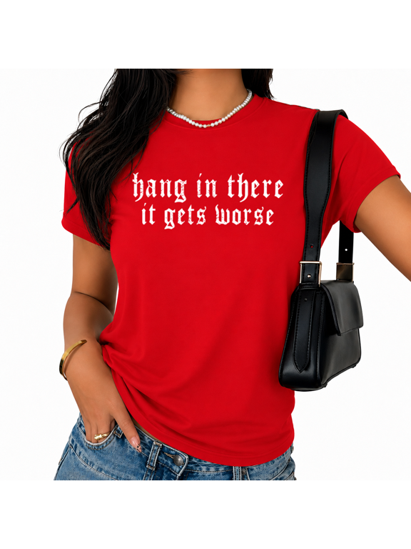 Red Women's Worn Faded Vintage Goth Sarcasm Hang In There Dark Humor Graphic Short Sleeve T-Shirt Tops
