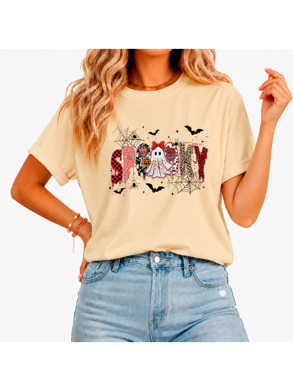 SPOOKY Halloween Letters Bold Patchwork Casual Tee for Women Crew Neck Short Sleeve Festive Shirt