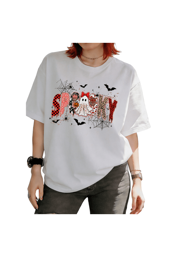 SPOOKY Halloween Letters Bold Patchwork Casual Tee for Women Crew Neck Short Sleeve Festive Shirt