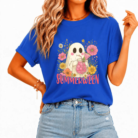 Cozymy SUMMERWEEN Ghost Garden Whimsical Cartoon Print T-Shirt for Women Crew Neck Seasonal Casual Wear