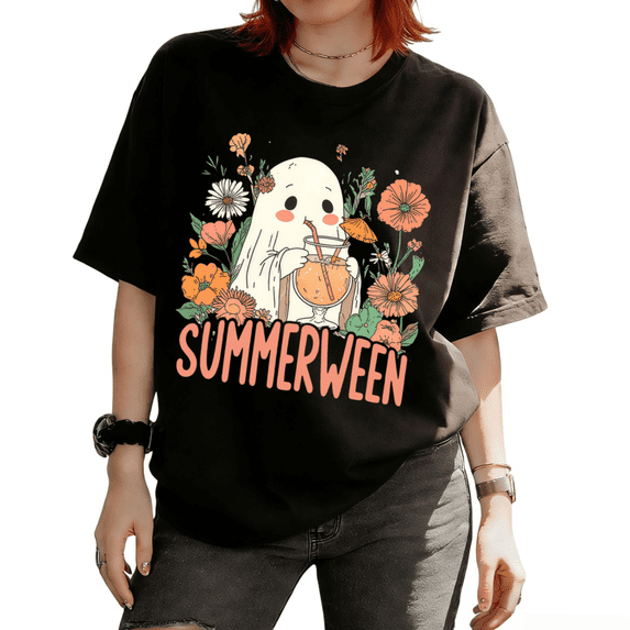 Cozymy SUMMERWEEN flower Ghost quirky Hand Drawn Graphic Tee for Women Crew Neck Short Sleeve Halloween Shirt