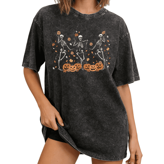 Cozymy Skeleton Pumpkin Garden Vintage Acid Wash Short Sleeve Top