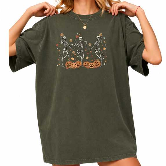 Cozymy Skeleton Pumpkin Garden Vintage Acid Wash Short Sleeve Top