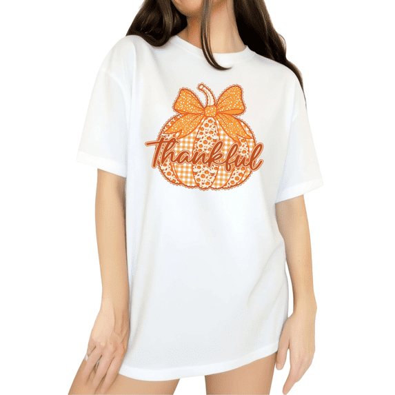 Cozymy Thankful Pumpkin Graphic Tee Women's Short Sleeve Crewneck Fall Thanksgiving Casual T-Shirt