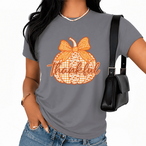 Cozymy Thankful Pumpkin Graphic Tee Women's Short Sleeve Crewneck Fall Thanksgiving Casual T-Shirt