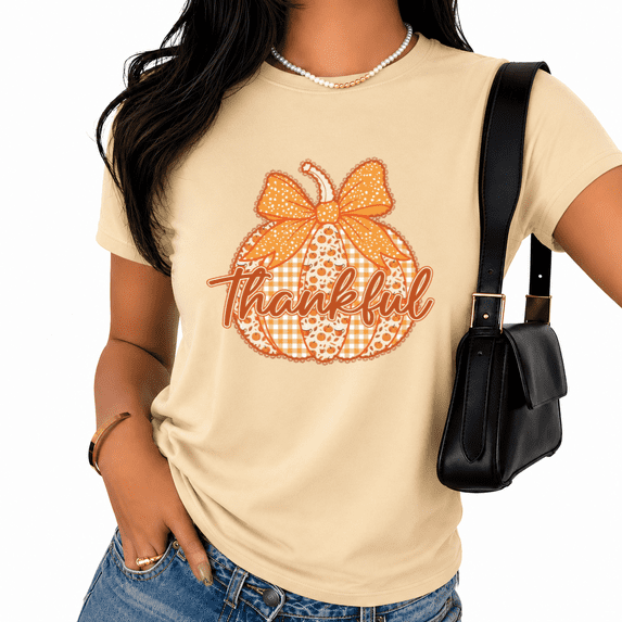 Cozymy Thankful Pumpkin Graphic Tee Women's Short Sleeve Crewneck Fall Thanksgiving Casual T-Shirt