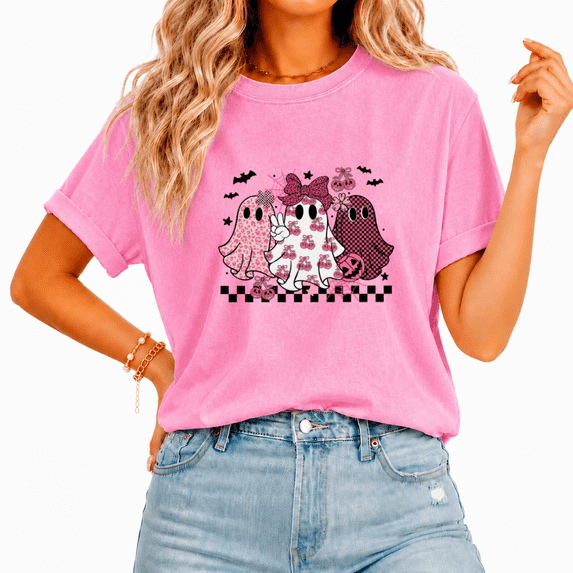 Cozymy Three Ghost Bow Checkered Cute Graphic T-Shirt for Women Crewneck Short Sleeve Washed Halloween Shirt