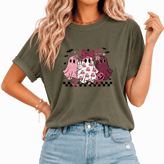 Cozymy Three Ghost Bow Checkered Cute Graphic T-Shirt for Women Crewneck Short Sleeve Washed Halloween Shirt