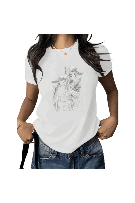 Unisex Astronaut Graphic Short Sleeve T-Shirt Casual Cotton Crewneck Space Aesthetic Graphic Tees Shirts