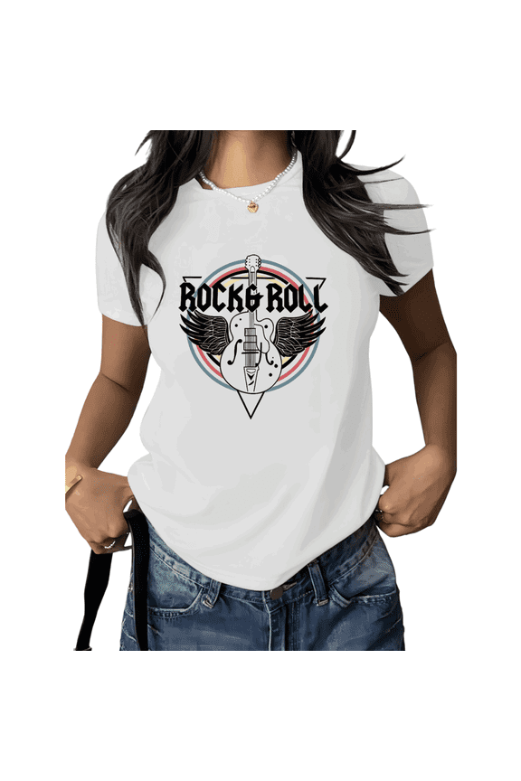 Unisex Rock and Roll Guitar Graphic Short Sleeve T-Shirt Casual Cotton Crewneck Music Graphic Tees Shirts