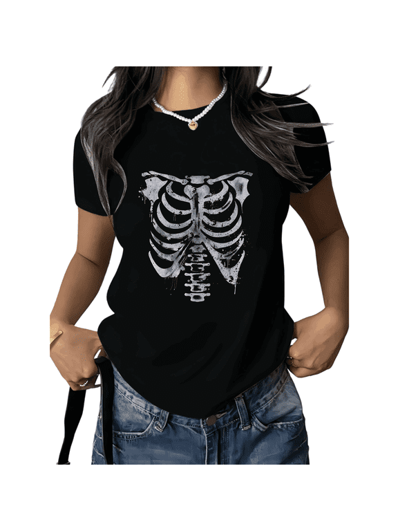 Unisex Skeleton Graphic Short Sleeve T-Shirt Casual Cotton Crewneck Gothic Graphic Tees Shirts