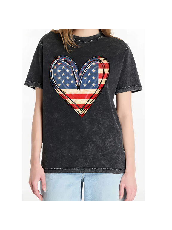 Vintage American Flag Heart Washed Short Sleeve Crew Neck T-Shirt
