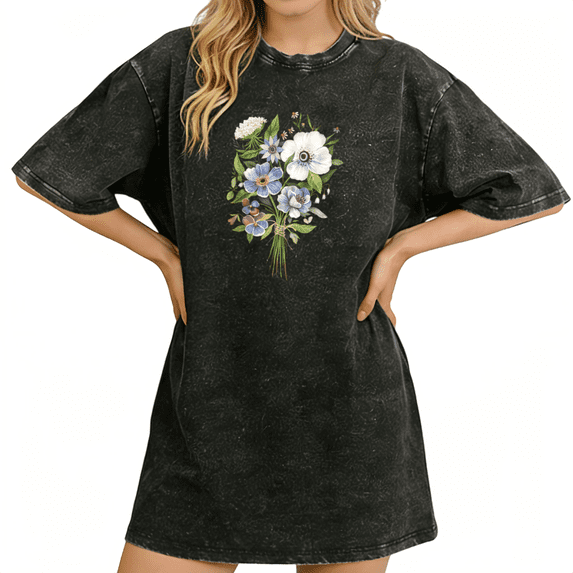 Cozymy Watercolor Anemone Bouquet Floral Art Women's Vintage Washed Black T-Shirt S-2XL Tops