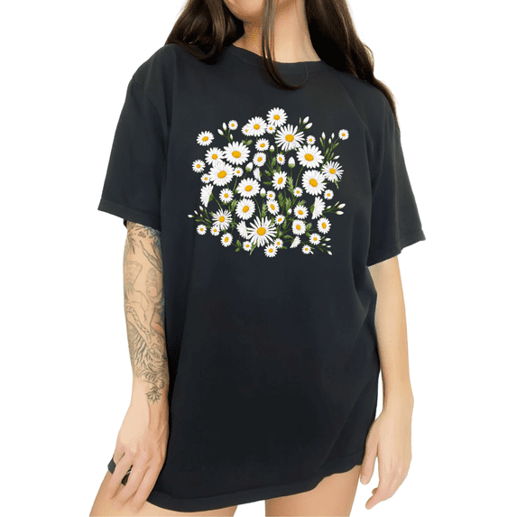 Cozymy Watercolor Daisy Floral Print Short Sleeve Crew Neck Tee for Women