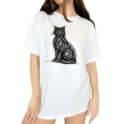 Cozymy White Women's Casual Pet Lover Lady Scribble Cat Doodle Sketch Graphic Short Sleeve T-Shirt Tops