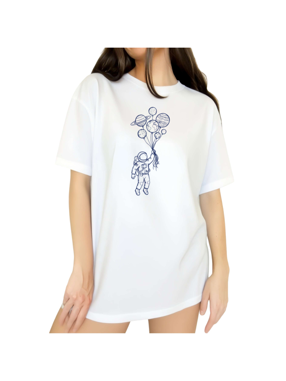 White Women's Simple Space Lady Astronaut Planet Balloon Sketch Graphic Short Sleeve T-Shirt Tops