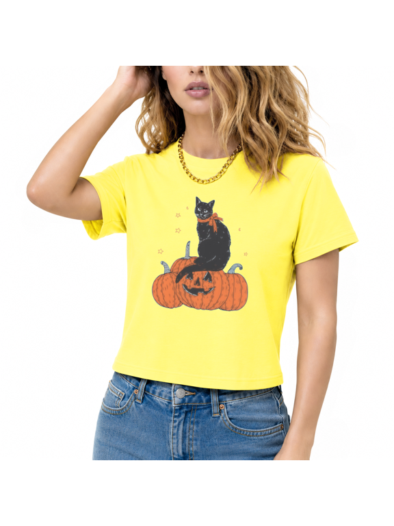 Women Black Cat Pumpkin Stars Graphic Cropped Crewneck Short Sleeve T‑Shirt