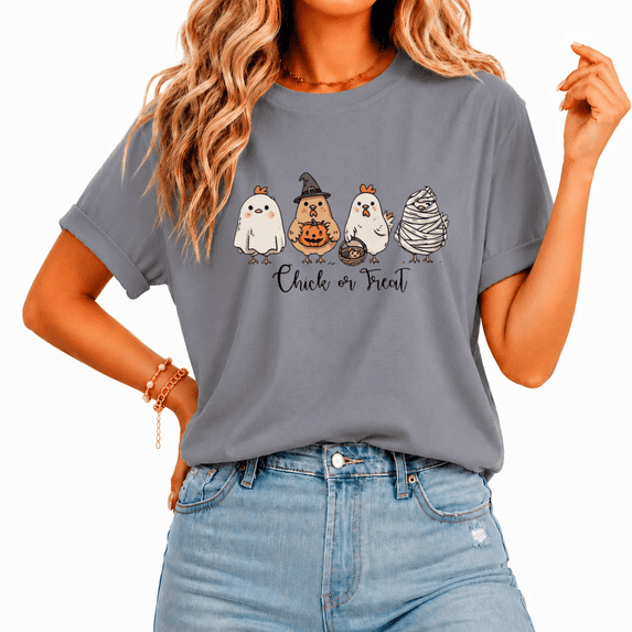 Cozymy Women Chick Or Treat Cute Chicken Halloween T-shirt Funny Ghost Witch Tee Trendy Farm Top for Fall Party