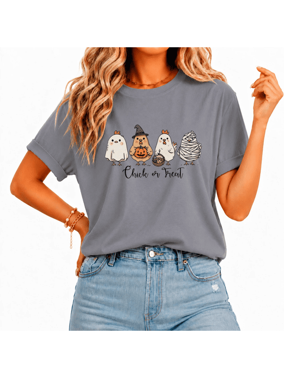 Women Chick Or Treat Cute Chicken Halloween T-shirt Funny Ghost Witch Tee Trendy Farm Top for Fall Party